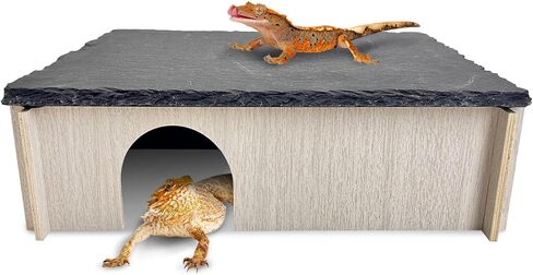 PINVNBY Large Bearded Dragon Basking Platform, Wooden Snake Hide, Ball Pythons Hide with Slate Rock, Leopard Gecko Tank Accessories for Crested Gecko Chameleon Turtles (L: 11.8x7.87x2.76 inches) in Kuwait