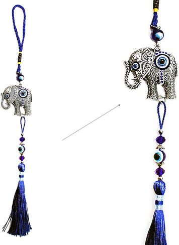 Evil Eye Car Hanging Ornament & Keychain Silver Elephant w/Blue Crystal Rhinestones Cute Turkish Amulet Protection Good Fortune Spirtual Keyring Bag Purse Accessories Key Holder Charm in Saudi Arabia