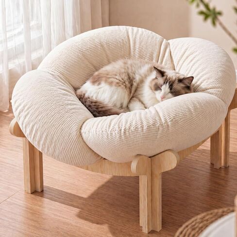 22x22x13 Inch Elevated Flower Cat Bed Wooden with Fluffy Cushion, Pet Couch Sofa for Indoor Cats, Raised Kitty Lounge Chair Suitable for Puppy, Cat Furniture Living Room Bedroom in Kuwait
