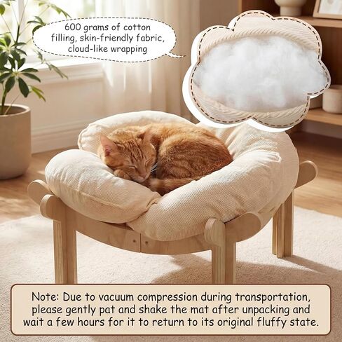 22x22x13 Inch Elevated Flower Cat Bed Wooden with Fluffy Cushion, Pet Couch Sofa for Indoor Cats, Raised Kitty Lounge Chair Suitable for Puppy, Cat Furniture Living Room Bedroom in Kuwait