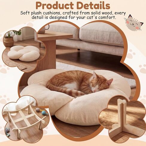 22x22x13 Inch Elevated Flower Cat Bed Wooden with Fluffy Cushion, Pet Couch Sofa for Indoor Cats, Raised Kitty Lounge Chair Suitable for Puppy, Cat Furniture Living Room Bedroom in Kuwait