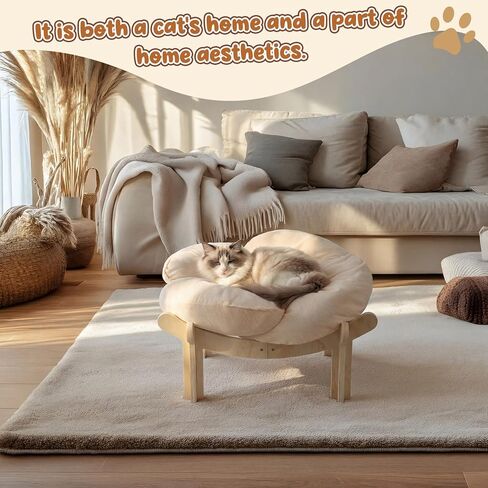 22x22x13 Inch Elevated Flower Cat Bed Wooden with Fluffy Cushion, Pet Couch Sofa for Indoor Cats, Raised Kitty Lounge Chair Suitable for Puppy, Cat Furniture Living Room Bedroom in Kuwait