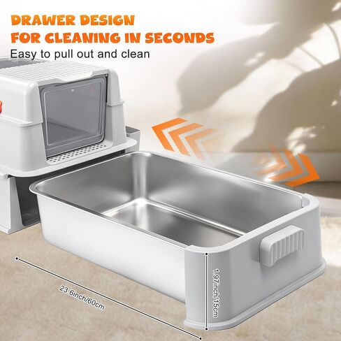 صندوق فضلات القطط من الفولاذ المقاوم للصدأ مغلق من Homegroove مع درج، صندوق معدني كبير جدًا للقطط مع غطاء للقطط الداخلية، وعاء فضلات مغطى بالمعدن مع مغرفة فضلات ودواسة (رمادي فاتح) in Kuwait