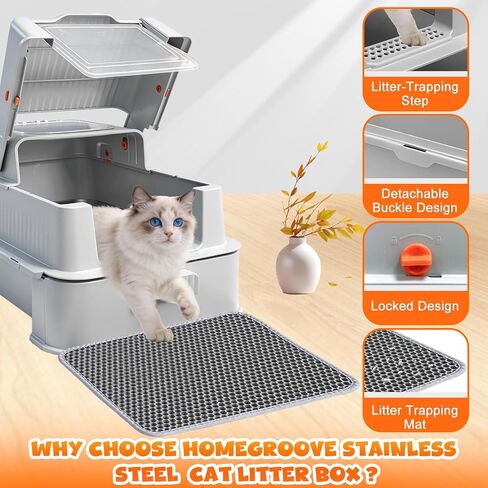 صندوق فضلات القطط من الفولاذ المقاوم للصدأ مغلق من Homegroove مع درج، صندوق معدني كبير جدًا للقطط مع غطاء للقطط الداخلية، وعاء فضلات مغطى بالمعدن مع مغرفة فضلات ودواسة (رمادي فاتح) in Kuwait