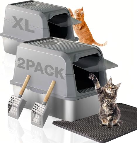 PETUX 2-Pack Stainless Steel Litter Box with Lid - High Sided, Odor-Proof, Anti-Leakage, Non-Stick, Easy to Clean and Extra Large Enclosed Litter Box with Scoop and Non-Slip Mat for Multi-Cats - Grey in Kuwait