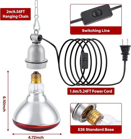 Heat Lamp Bulb for Chickens, Red Heat Lamp Infrared Light Bulb with Power Cord Hanging Chain for Chicks in Kuwait