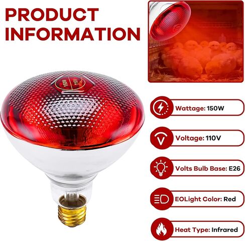 Heat Lamp Bulb for Chickens, Red Heat Lamp Infrared Light Bulb with Power Cord Hanging Chain for Chicks in Kuwait