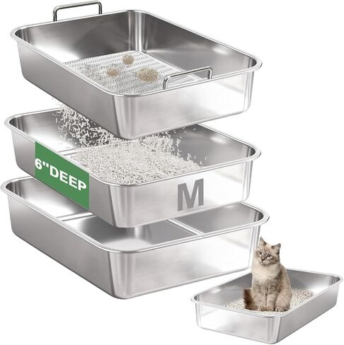 Stainless Steel Sifting Litter Box for Clumping Clay Litter, Large Metal Sifting Litter Pan with Sifting System, Savings&Durable-17.7 ''Lx 13.8''W x 6''H in Kuwait