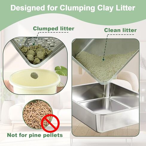 Stainless Steel Sifting Litter Box for Clumping Clay Litter, Large Metal Sifting Litter Pan with Sifting System, Savings&Durable-17.7 ''Lx 13.8''W x 6''H in Kuwait