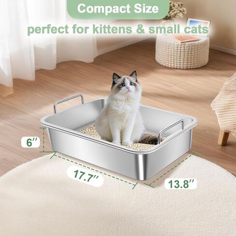 Stainless Steel Sifting Litter Box for Clumping Clay Litter, Large Metal Sifting Litter Pan with Sifting System, Savings&Durable-17.7 ''Lx 13.8''W x 6''H in Kuwait