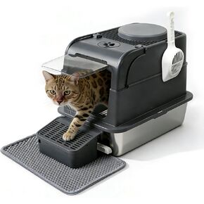 Stainless Steel Cat Litter Box with Lid, Large Enclosed Litter Box for Large Cats, High Sided Metal Cat Box with Two-Way Door & Anti-Scratch Scoop, Anti-Leakage Design, Silver in Kuwait