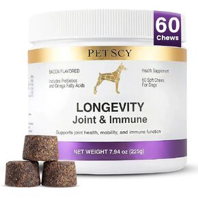 Petscy Longevity Hip & Joint + مضغ دعم المناعة للكلاب - 3.75 جرام مضغ - جرعة عالية من الجلوكوزامين، MSM، كوندرويتين، بلح البحر الأخضر، أوميغا 3، البروبيوتيك - 60 مضغ (الكلاب الصغيرة والمتوسطة) in Kuwait