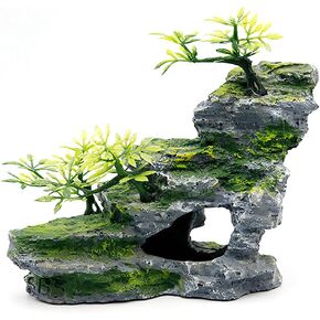 IBWell Aquarium Ornament, Mountain View Stone with Moss Tree Rock Cave Landscape Artificial Fish Tank Decoration in Kuwait