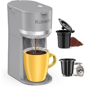 Single Serve Coffee Maker for K-Cup and Ground Coffee, Fast Brew, 6-12 oz Brew Sizes One Cup Coffee Machine Fits 5.5" Mugs, One-Button Small Coffee Maker with Descaling Reminder,Grey in Kuwait