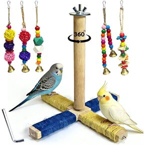 360° Rotating Bird Perch Stand - 4 Perches + 5 Natural Chew Strand, Natural Bird Cage Accessories, for Small & Medium Birds Parakeets Cockatiels Lovebirds Budgies in Saudi Arabia