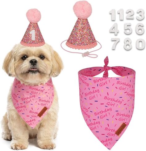 PTDECOR Dog Birthday Party Supplies, Pink Birthday Girl Bandana, Glitter Dog Birthday Hat with Numbers for Medium Large Dogs Pets (Large) in Kuwait