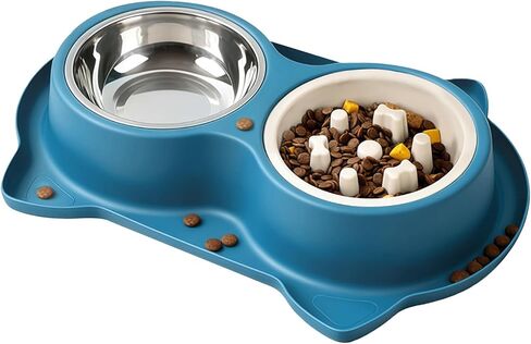 Slow Feeder Dog Food Bowls:Non-Spill/Skid/Ant Prevention Stainless Steel Food & Water Dish Set for S/M/L Size Dogs, Cats, Puppy Pets to Slow Down Feeding (Blue) in Kuwait