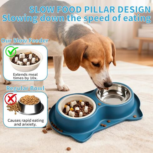 Slow Feeder Dog Food Bowls:Non-Spill/Skid/Ant Prevention Stainless Steel Food & Water Dish Set for S/M/L Size Dogs, Cats, Puppy Pets to Slow Down Feeding (Blue) in Kuwait