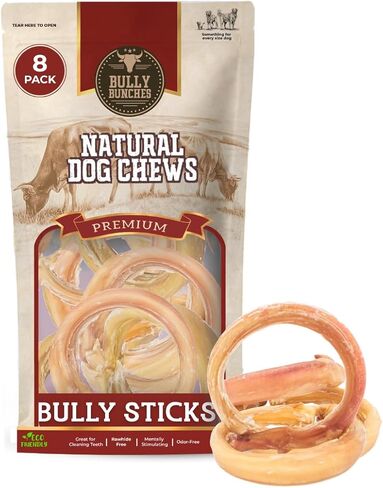 Bully Bunches All Natural Bully Stick Rings - Odour Free, Rawhide Free, Chemical Free - Long Lasting Beef Dog Chews - Fully Digestible Treat, Pack of 8 (Small Bully Stick Rings) in Kuwait