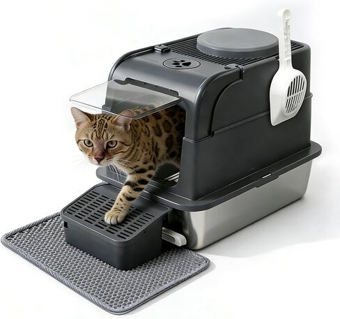 Stainless Steel Cat Litter Box with Lid, Large Enclosed Litter Box for Large Cats, High Sided Metal Cat Box with Two-Way Door & Anti-Scratch Scoop, Anti-Leakage Design, Silver in Kuwait