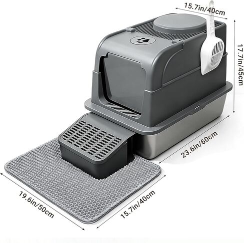 Stainless Steel Cat Litter Box with Lid, Large Enclosed Litter Box for Large Cats, High Sided Metal Cat Box with Two-Way Door & Anti-Scratch Scoop, Anti-Leakage Design, Silver in Kuwait