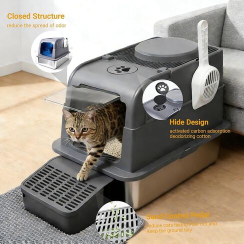 Stainless Steel Cat Litter Box with Lid, Large Enclosed Litter Box for Large Cats, High Sided Metal Cat Box with Two-Way Door & Anti-Scratch Scoop, Anti-Leakage Design, Silver in Kuwait