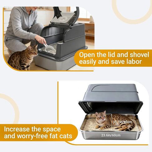Stainless Steel Cat Litter Box with Lid, Large Enclosed Litter Box for Large Cats, High Sided Metal Cat Box with Two-Way Door & Anti-Scratch Scoop, Anti-Leakage Design, Silver in Kuwait