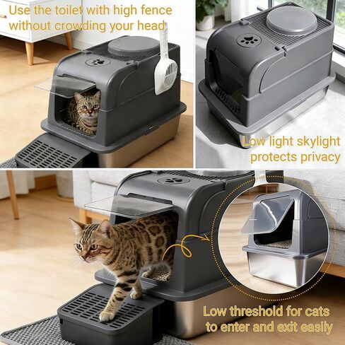 Stainless Steel Cat Litter Box with Lid, Large Enclosed Litter Box for Large Cats, High Sided Metal Cat Box with Two-Way Door & Anti-Scratch Scoop, Anti-Leakage Design, Silver in Kuwait