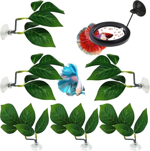 6 PCS Betta Leaf Hammocks & Feeding Ring, Betta Feeding Ring with Suction Cups, Aquarium Leaf Hammock Resting Bed for Fish Spawning, Breeding & Tank Decor & Fish Tank Accessories in Kuwait