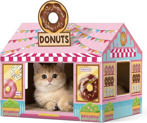 Donut Shop Cardboard Cat House Cat Scratch House with Scratcher Kitten Hideaway Playhouse Bed with Scratching Pads Cardboard Scratch Box for Indoor Outdoor Cats Bunny Small Animals Gift Supplies in Kuwait
