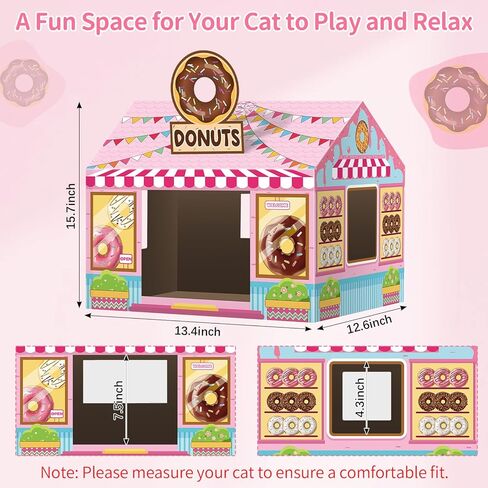 Donut Shop Cardboard Cat House Cat Scratch House with Scratcher Kitten Hideaway Playhouse Bed with Scratching Pads Cardboard Scratch Box for Indoor Outdoor Cats Bunny Small Animals Gift Supplies in Kuwait