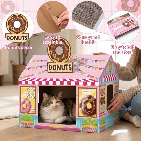 Donut Shop Cardboard Cat House Cat Scratch House with Scratcher Kitten Hideaway Playhouse Bed with Scratching Pads Cardboard Scratch Box for Indoor Outdoor Cats Bunny Small Animals Gift Supplies in Kuwait