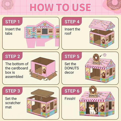 Donut Shop Cardboard Cat House Cat Scratch House with Scratcher Kitten Hideaway Playhouse Bed with Scratching Pads Cardboard Scratch Box for Indoor Outdoor Cats Bunny Small Animals Gift Supplies in Kuwait