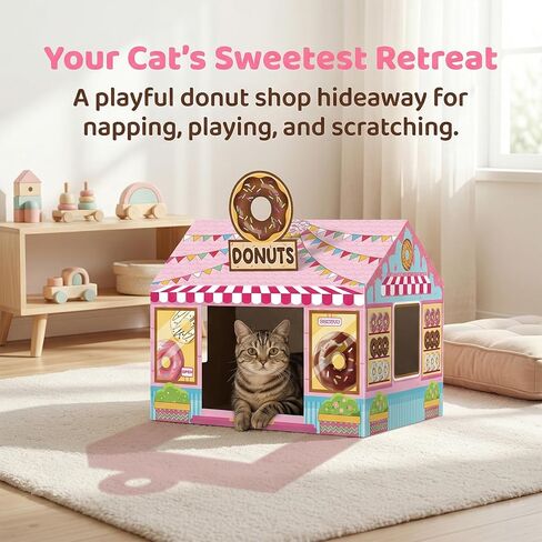 Donut Shop Cardboard Cat House Cat Scratch House with Scratcher Kitten Hideaway Playhouse Bed with Scratching Pads Cardboard Scratch Box for Indoor Outdoor Cats Bunny Small Animals Gift Supplies in Kuwait