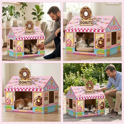 Donut Shop Cardboard Cat House Cat Scratch House with Scratcher Kitten Hideaway Playhouse Bed with Scratching Pads Cardboard Scratch Box for Indoor Outdoor Cats Bunny Small Animals Gift Supplies in Kuwait