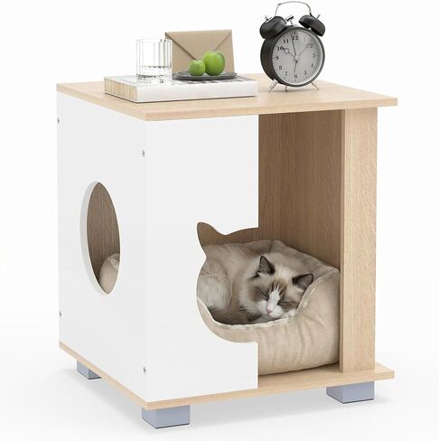 PETSITE Wooden Cat House, Indoor Cat Cave Nightstand Side End Table with Anti-Slip Robust Metal Legs, Spacious Tabletop, and Round Side Entrance, 17 x 16 x 19.5 Inches in Kuwait