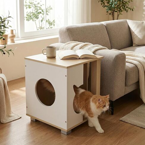 PETSITE Wooden Cat House, Indoor Cat Cave Nightstand Side End Table with Anti-Slip Robust Metal Legs, Spacious Tabletop, and Round Side Entrance, 17 x 16 x 19.5 Inches in Kuwait