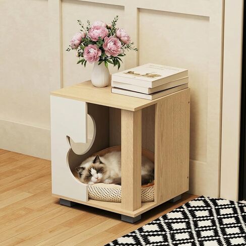 PETSITE Wooden Cat House, Indoor Cat Cave Nightstand Side End Table with Anti-Slip Robust Metal Legs, Spacious Tabletop, and Round Side Entrance, 17 x 16 x 19.5 Inches in Kuwait