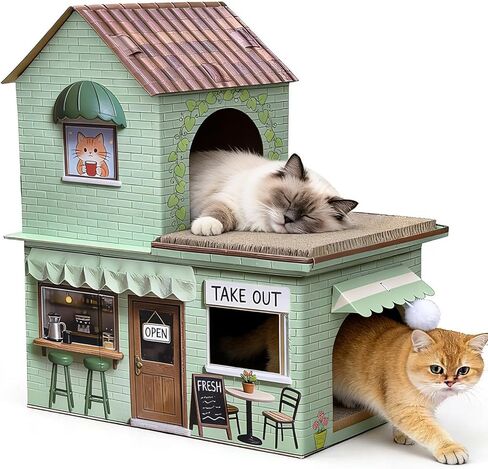 Cardboard Cat Scratcher House - Coffee Shop Double Layer Cat Bed, 5-Layer Corrugated, Sage Green, Window Cutouts, 4 Scratching Boards, Plush Ball & Catnip, Indoor Multi Cat House, up to 20 lbs in Kuwait