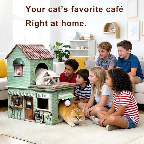 Cardboard Cat Scratcher House - Coffee Shop Double Layer Cat Bed, 5-Layer Corrugated, Sage Green, Window Cutouts, 4 Scratching Boards, Plush Ball & Catnip, Indoor Multi Cat House, up to 20 lbs in Kuwait
