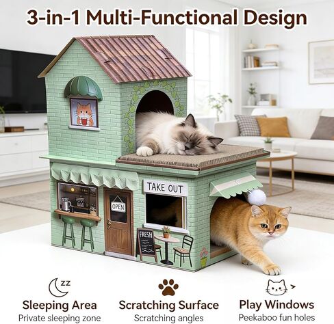 Cardboard Cat Scratcher House - Coffee Shop Double Layer Cat Bed, 5-Layer Corrugated, Sage Green, Window Cutouts, 4 Scratching Boards, Plush Ball & Catnip, Indoor Multi Cat House, up to 20 lbs in Kuwait