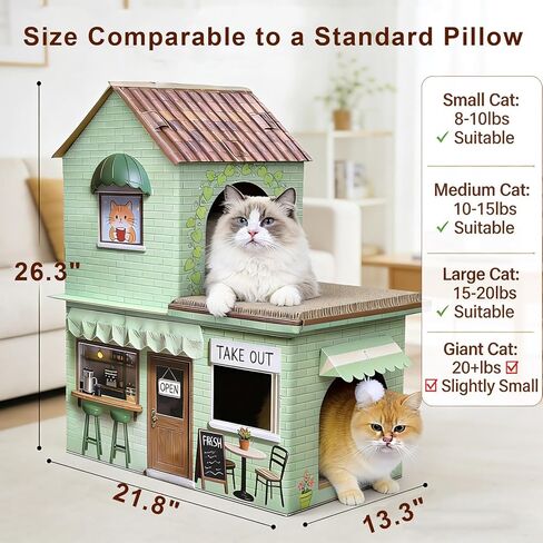 Cardboard Cat Scratcher House - Coffee Shop Double Layer Cat Bed, 5-Layer Corrugated, Sage Green, Window Cutouts, 4 Scratching Boards, Plush Ball & Catnip, Indoor Multi Cat House, up to 20 lbs in Kuwait