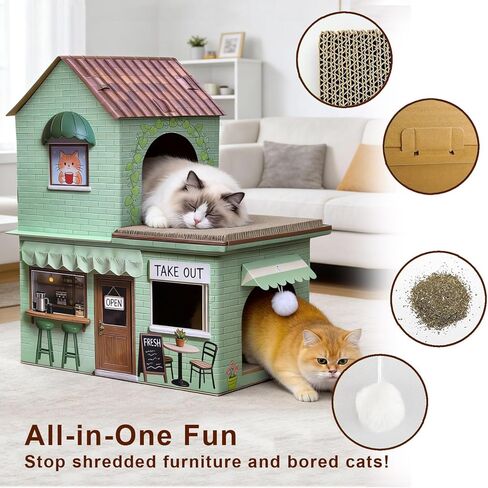 Cardboard Cat Scratcher House - Coffee Shop Double Layer Cat Bed, 5-Layer Corrugated, Sage Green, Window Cutouts, 4 Scratching Boards, Plush Ball & Catnip, Indoor Multi Cat House, up to 20 lbs in Kuwait