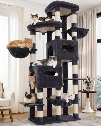 Heybly Cat Tree, 74.8-Inch Spacious & Tall Cat Tower for Large Cats, Cat Furniture with Large Top Perch, Solid Base, 2 Cat Condos, Hanging Hammock, Durable Sisal Scratching Posts, Smoky Gray HCT062G in Saudi Arabia