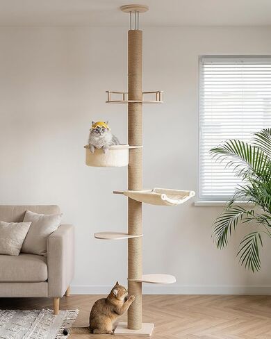 Aechonow 9ft Floor to Ceiling Cat Tree for Large Cats, 5'' Deep Nest-Like Hammock for Indoor Kittens, 5-Tier Adjustable Cat Tower(76-108Inch), Beige in Kuwait
