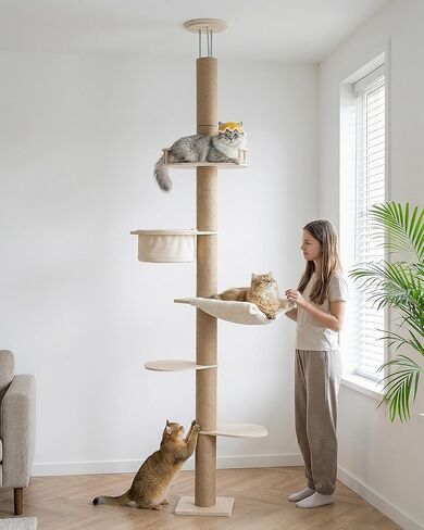 Aechonow 9ft Floor to Ceiling Cat Tree for Large Cats, 5'' Deep Nest-Like Hammock for Indoor Kittens, 5-Tier Adjustable Cat Tower(76-108Inch), Beige in Kuwait