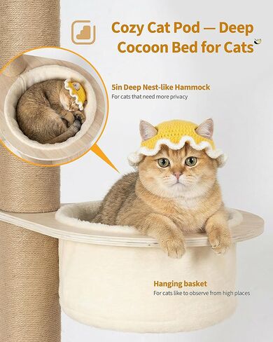 Aechonow 9ft Floor to Ceiling Cat Tree for Large Cats, 5'' Deep Nest-Like Hammock for Indoor Kittens, 5-Tier Adjustable Cat Tower(76-108Inch), Beige in Kuwait