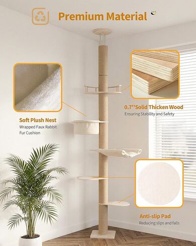 Aechonow 9ft Floor to Ceiling Cat Tree for Large Cats, 5'' Deep Nest-Like Hammock for Indoor Kittens, 5-Tier Adjustable Cat Tower(76-108Inch), Beige in Kuwait