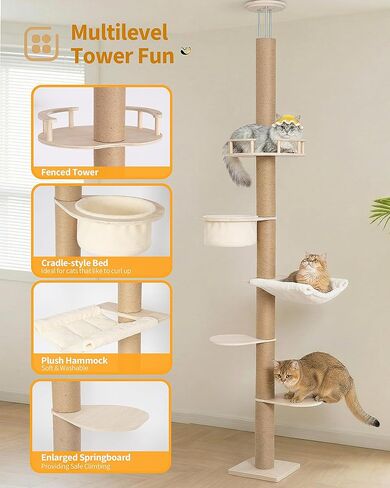 Aechonow 9ft Floor to Ceiling Cat Tree for Large Cats, 5'' Deep Nest-Like Hammock for Indoor Kittens, 5-Tier Adjustable Cat Tower(76-108Inch), Beige in Kuwait