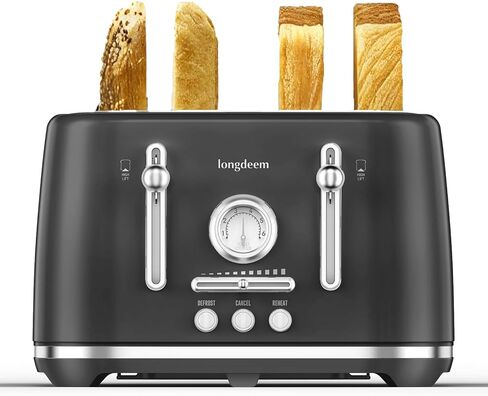 LONGDEEM 4 Slice Retro Stainless Steel Toaster – Extra Wide 1.6" Slots, 6 Browning Levels, Bagel & Defrost Functions, Removable Crumb Trays, Cool Touch, Countertop Toaster for Small Spaces, Red in Kuwait